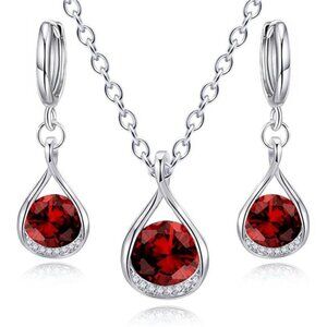 Simplicity Red CZ Teardrop Jewelry Set–Necklace and Earrings Set Evening or Work